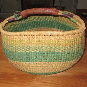 Vintage African Market Basket Leather Handle Large Hand-woven